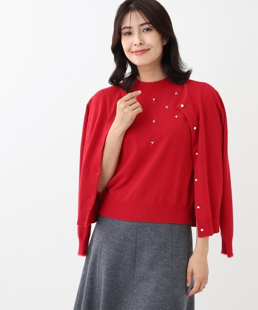 【WEB限定カラーあり／洗える／アンサンブル】パール調刺繍ニット＋カーディガン