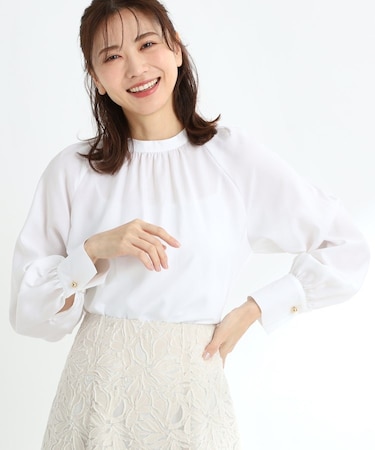 【R‐QUALITY／接触冷感／洗える】スタンドネックシャツブラウス