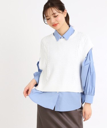 【夏SALE／E‐QUALITY／手洗い可】ケーブル編みニットベスト＋シャツセット