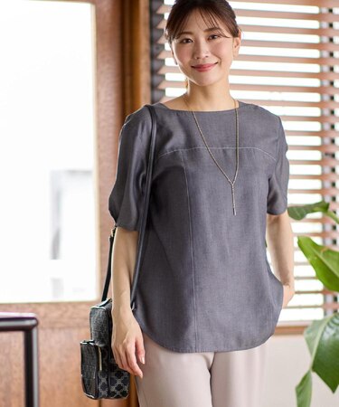 【マシンウォッシュ可】デニム調プルオーバーブラウス