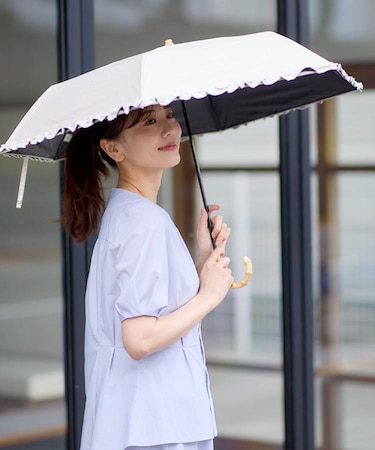 【晴雨兼用／UVカット率100％／雨の日もおしゃれに◎】バイカラーフリルデザイン折りたたみ傘