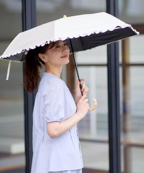 【晴雨兼用／UVカット率100％／雨の日もおしゃれに◎】バイカラーフリルデザイン折りたたみ傘