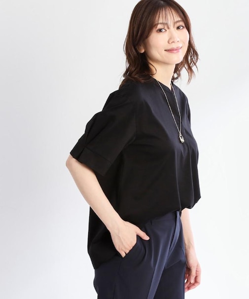 【すっきり見え！長め丈／接触冷感／マシンウォッシュ可】スキッパーネックジャージトップス