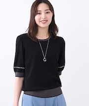 【WEB先行カラーあり／手洗い可／アンサンブル可】バイカラー五分袖ニット