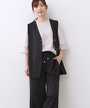 【E‐QUALITY／ウエスト総ゴム／セットアップ／単品使いOK◎】ベスト＋ストレートパンツセット
