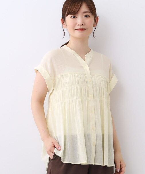 【E‐QUALITY／二の腕さりげなくカバー／涼しく着られる◎】シャーリングブラウス