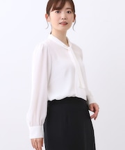 【きちんと見え／通勤／セレモニーにおすすめ◎】ドット柄ボウタイブラウス