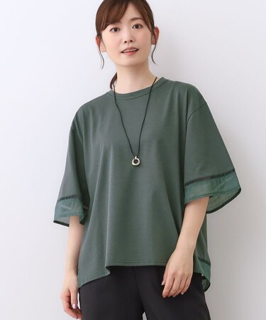 【E‐QUALITY／体型カバー／涼しく着られる◎】シアー×レースデザインプルオーバー