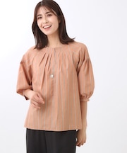 【E‐QUALITY／体型カバー／ゆったり着られる◎】ストライプ×パフスリーブのブラウス