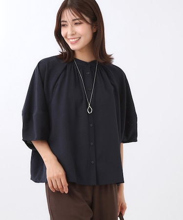 【E‐QUALITY／体型カバー／ゆったり着られる◎】バンドカラー七分袖ブラウス
