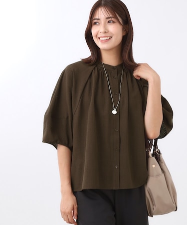 【E‐QUALITY／体型カバー／ゆったり着られる◎】バンドカラー七分袖ブラウス