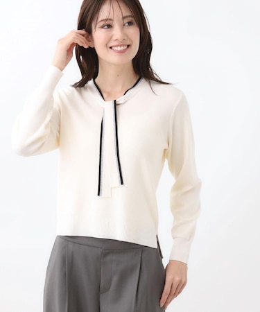 【秋映え／なめらかな着心地】バイカラーボウタイ付きニット