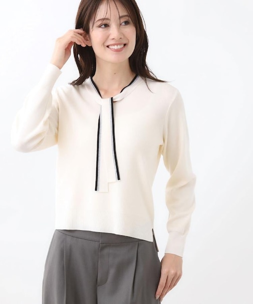 【秋映え／なめらかな着心地】バイカラーボウタイ付きニット