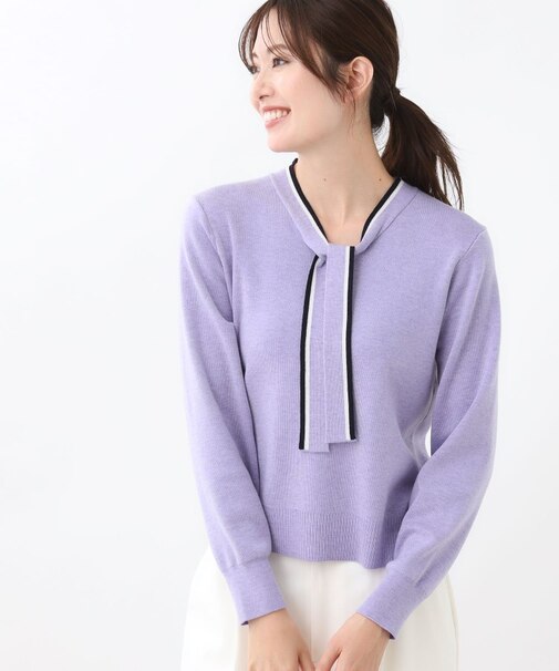 【秋映え/なめらかな着心地】バイカラーボウタイ付きニット