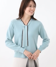 【秋映え／なめらかな着心地】バイカラーボウタイ付きニット