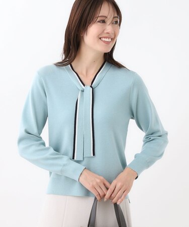 【秋映え/なめらかな着心地】バイカラーボウタイ付きニット