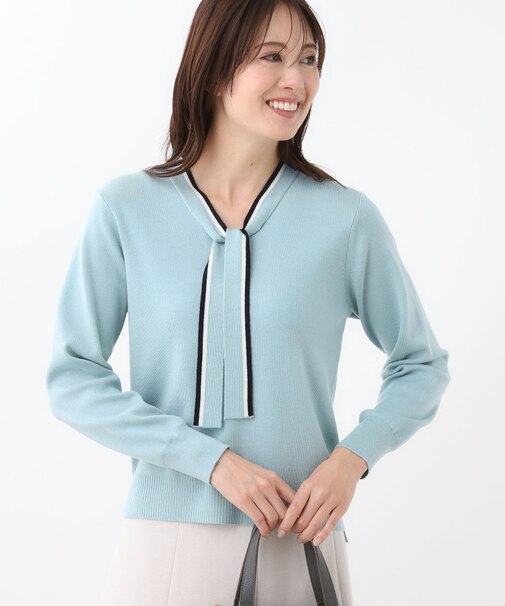 【秋映え/なめらかな着心地】バイカラーボウタイ付きニット