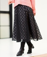 【R‐QUALITY/ウエストリボン付き】フラワー柄シアーフレアスカート