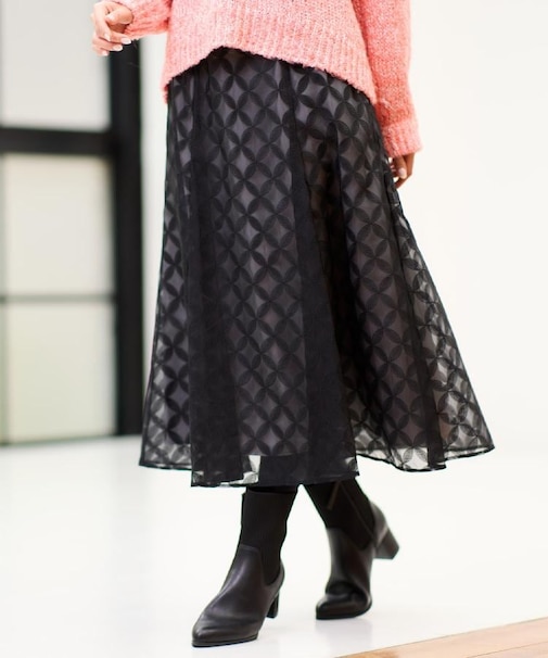 【R‐QUALITY/ウエストリボン付き】フラワー柄シアーフレアスカート