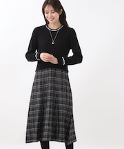 【秋映え／コートインでもすっきり◎】チェック柄ニットドッキングワンピース