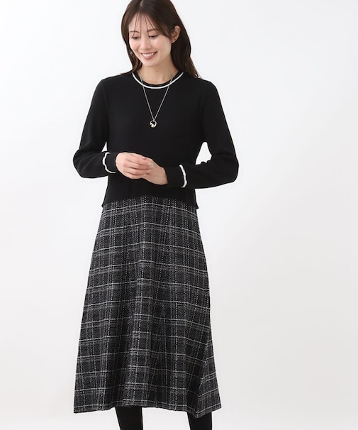 【秋映え/コートインでもすっきり◎】チェック柄ニットドッキングワンピース