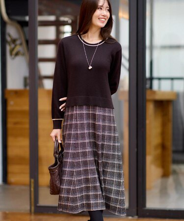 【秋映え/コートインでもすっきり◎】チェック柄ニットドッキングワンピース