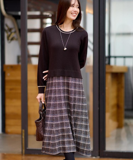 【秋映え/コートインでもすっきり◎】チェック柄ニットドッキングワンピース