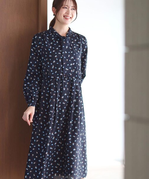 【通勤・おでかけにおすすめ◎】フラワープリントボウタイワンピース