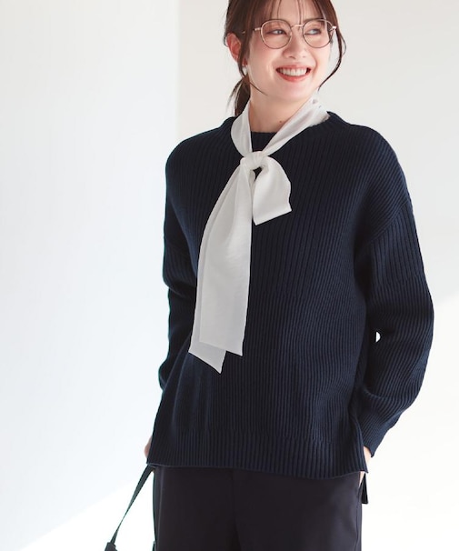 【腰周りカバー／長め丈】モックネックニットプルオーバー