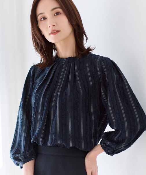 【セットアップ可】ストライプ柄ジャカードブラウス