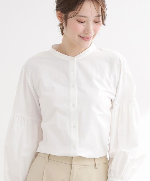 【レイヤードにおすすめ◎】バンドカラーボリュームスリーブシャツ