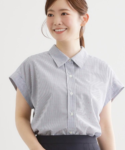 【接触冷感】フレンチスリーブシャツブラウス