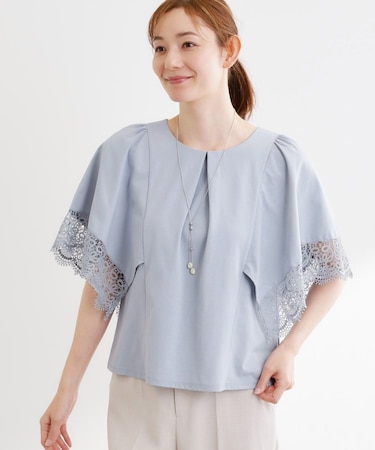 【UVカット／接触冷感】レーススリーブジャージカットソー