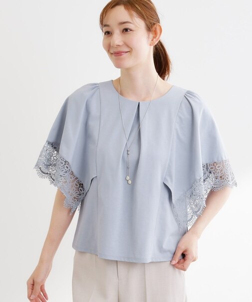 【UVカット／接触冷感】レーススリーブジャージカットソー