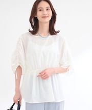 【通気性あり／涼しい／マシンウォッシャブル】ウエストギャザーブラウス