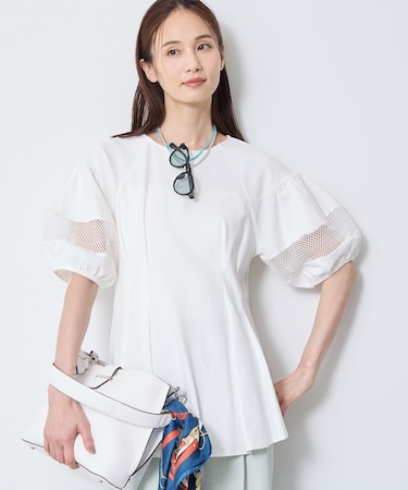 メッシュ切り替えスリーブトップス