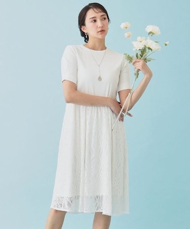 【レース/ミモレ丈】異素材ドッキングワンピース