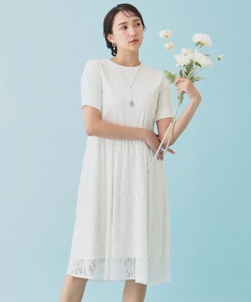 【レース/ミモレ丈】異素材ドッキングワンピース