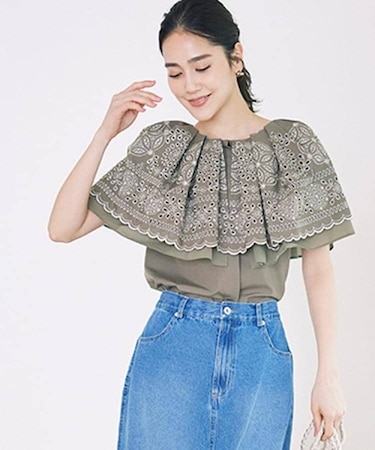 【幾何柄/エンブロイダリー】ケープカラーブラウス