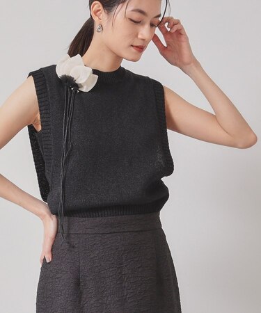 【オリエンタルモチーフ／コサージュ付き】レイヤードニット