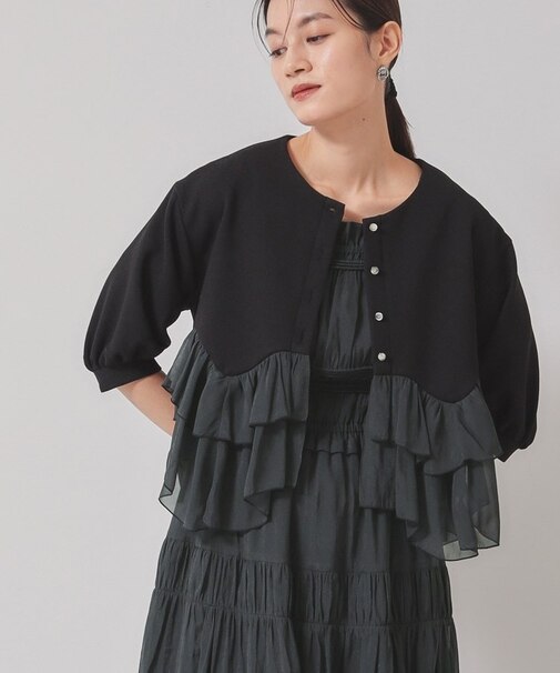 【裾シフォン／パフスリーブ】ペプラムブルゾン