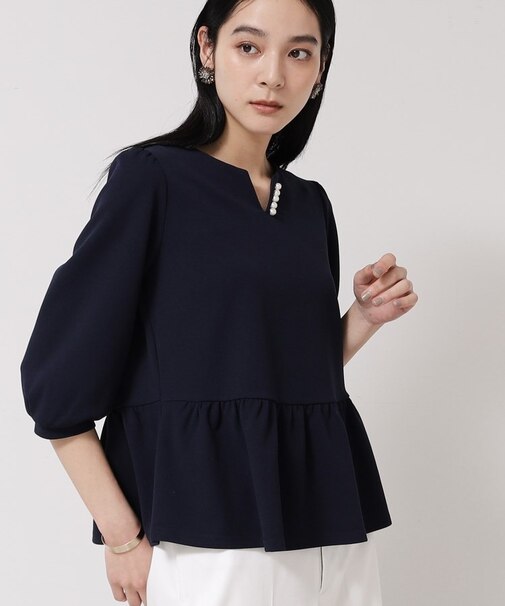 【パール調パーツ付き/春色】ペプラムトップス