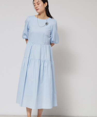 【涼し気！／サッカー素材】パフスリーブワンピース