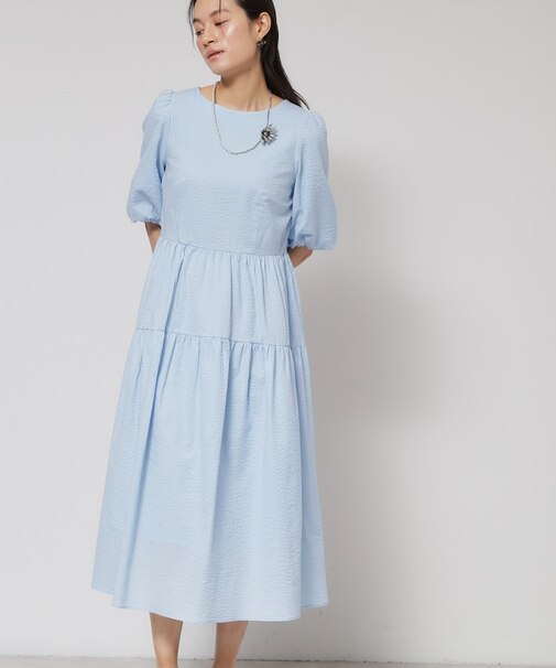 【涼し気！／サッカー素材】パフスリーブワンピース