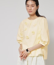 【接触冷感/フラワーモチーフ】パフスリーブブラウス