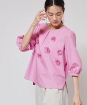 【接触冷感/フラワーモチーフ】パフスリーブブラウス