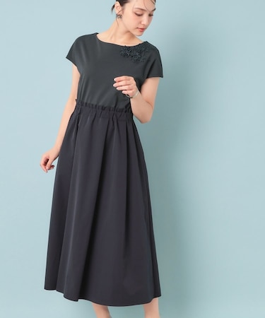 【ジャージ×タフタ／レース】異素材ドッキングワンピース