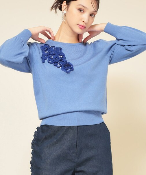 【SS～Lサイズ展開／チュール刺繍】クラフトニット