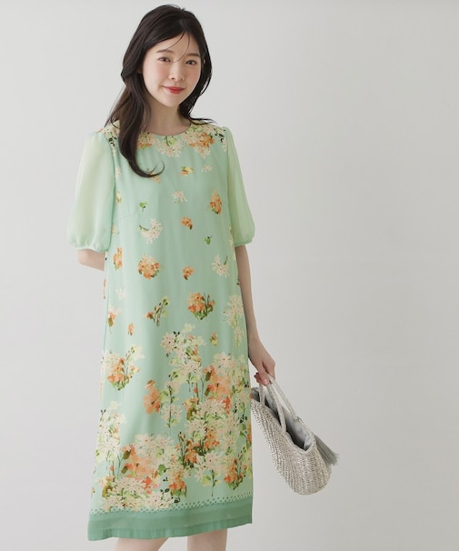 【co creation and yours/SS~L】多色花柄プリント五分袖ワンピース