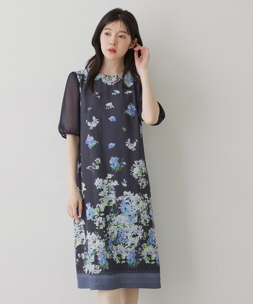 【co creation and yours/SS~L】多色花柄プリント五分袖ワンピース